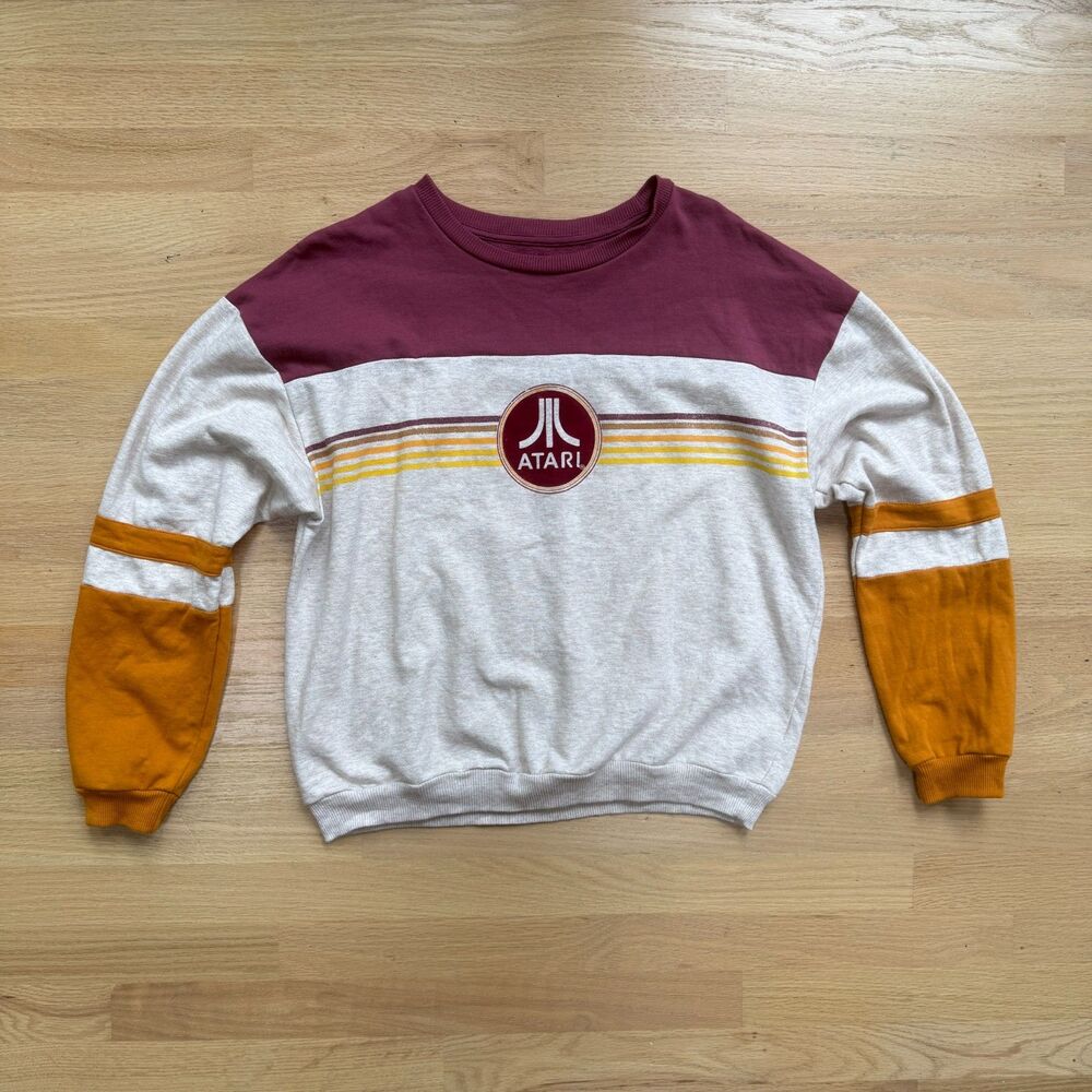 Atari XL Colorblock Crewneck Sweatshirt Retro Gaming Logo Maroon Mustard Gray